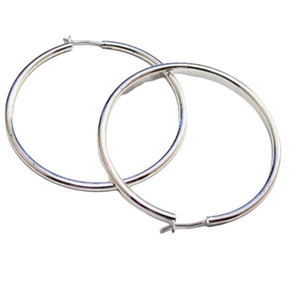 2 1/8 Inch 54mm Hoop Silver Tone Pierced Post Earrings - Picture 4 of 5